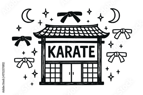 Karate Dojo Art. Hand-drawn karate dojo with moons, belts, and sparkles, center word “Karate” in black and white isolated