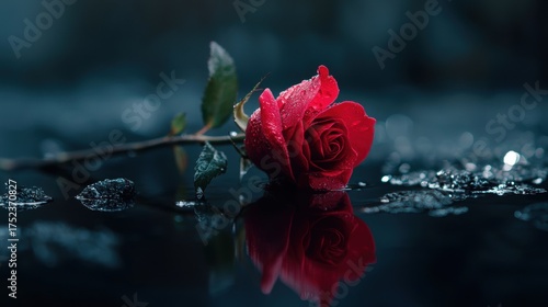 Fototapeta Naklejka Na Ścianę i Meble -  Close-up of a single red rose with water droplets on its petals. the rose is in the center of the image, with its stem and leaves visible.