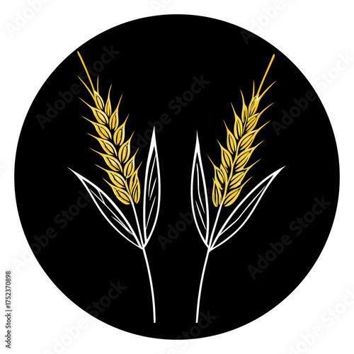 Two sprigs of golden oats are depicted against a dark brown backdrop. The oats, rendered in a stylized watercolor illustration, exhibit a warm, inviting palette of yellows, golds, and creams. The left