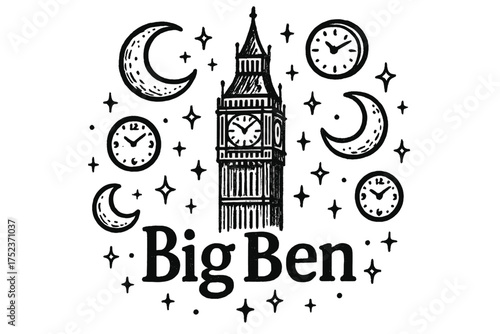 Big Ben Fantasy. Hand-drawn big ben with moons, clocks, and sparkles, center word “BigBen” in black and white isolated transparent