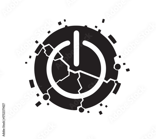 Black power button symbol with cracked circular frame and scattered geometric fragments icon