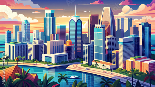Very beautiful aerial view of Brickell skyscrapers showing the modern downtown Miami skyline above the coastline, with tall glass towers reflecting sunlight over Biscayne Bay.
