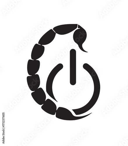 Black scorpion silhouette integrated with a power button symbol on a white background icon