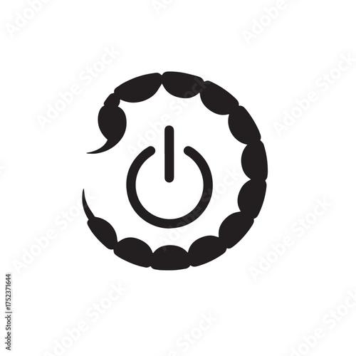 Black scorpion tail curled around power button symbol on white background icon