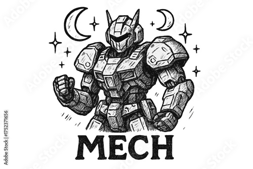 Mech Warrior with Moons. Hand-drawn mech warrior with moons, armor, and sparkles, center word “Mech” in black and white isolated