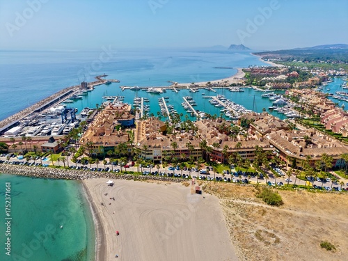 aerial view of Sotogrande, marina with boats and yachts, with a view towards the Rock of Gibraltar, San Roque, Torreguadiaro, Costa del Sol, Cádiz, Andalusia, 