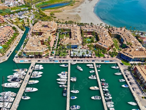 aerial view of Sotogrande, marina with boats and yachts, San Roque, Torreguadiaro, Costa del Sol, Cádiz, Andalusia, Malaga, Spain