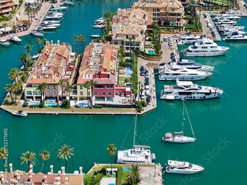 aerial view of Sotogrande, marina with boats and yachts, San Roque, Torreguadiaro, Costa del Sol, Cádiz, Andalusia, Malaga, Spain