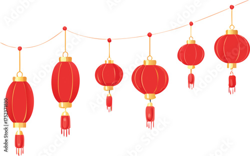 Traditional red chinese lanterns hanging on a string for festive decorations and celebrations