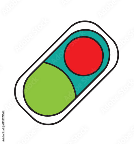 Simple flat icon of a pill capsule with green and red sections and teal border medicine health