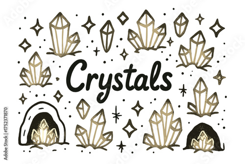 Glowing Crystals Doodle. Doodle glowing crystals with stars, caves, and sparkles, center word “Crystals” in black and white