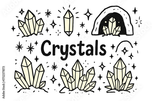 Glowing Crystals Doodle. Doodle glowing crystals with stars, caves, and sparkles, center word “Crystals” in black and white