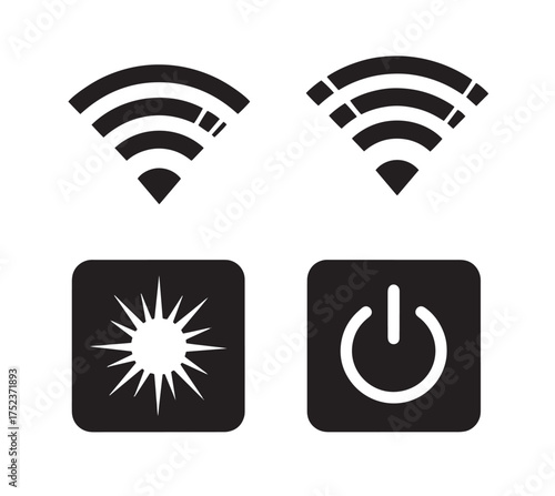 Two black wifi signal icons and two black square icons with white starburst and power symbol wireless
