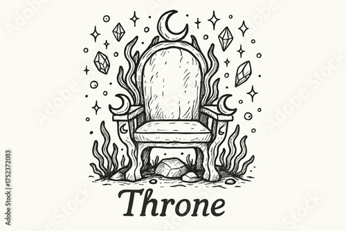 Underwater Throne Design. Hand-drawn underwater throne with moons, gems, and sparkles, center word “Throne” in black and white