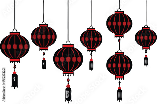 Traditional chinese lanterns with intricate patterns hanging against a white background for festive decoration