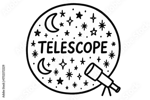 Starlight Doodle Telescope. Doodle starlight telescope view with stars, moons, and sparkles, center word “Telescope” in black and