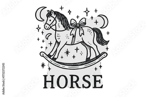 Whimsical Rocking Horse. Hand-drawn rocking horse with moons, ribbons, and sparkles, center word “Horse” in black and white