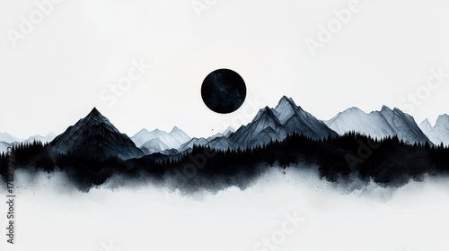 Black and white illustration of a mountain range with a full moon in the background. the mountains are covered in snow and there are trees scattered throughout the landscape.