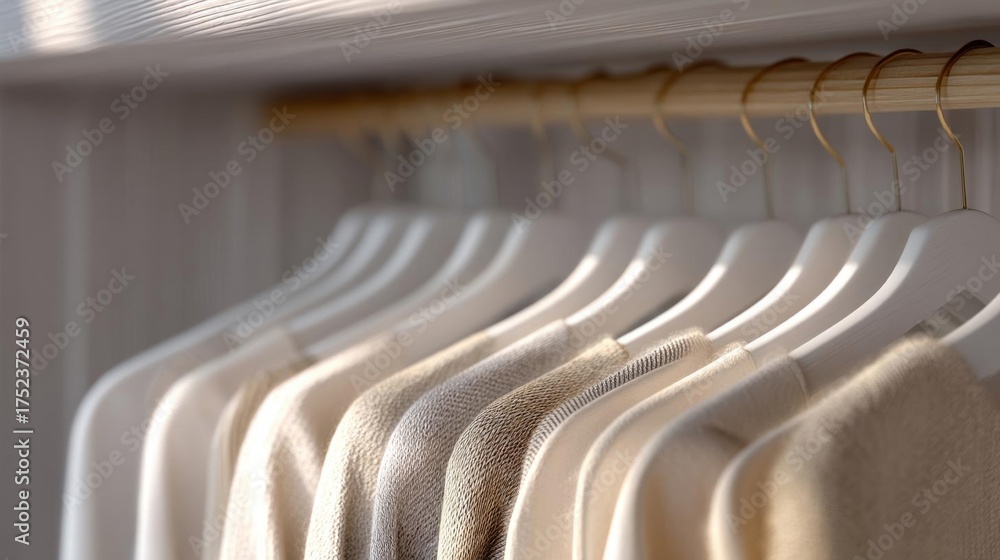 Fototapeta premium Row of white clothes hangers hanging on a wooden rack. the hangers are arranged in a neat and orderly manner, with each hanger slightly overlapping the one below it.