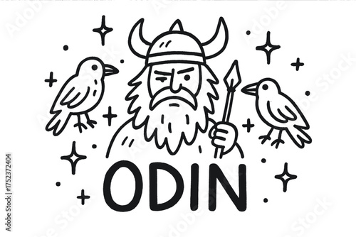 Odin's Doodle Delight. Doodle odin with stars, ravens, and sparkles, center word “Odin” in black and white isolated transparent