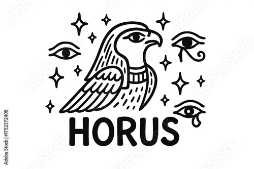 Horus Starry Doodle. Doodle horus with stars, eyes, and sparkles, center word “Horus” in black and white isolated transparent