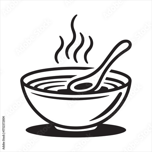 Hot soup bowl with spoon steaming food silhouette a white background