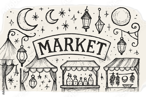 Magical Moonlit Market. Hand-drawn magical marketplace with moons, lanterns, and sparkles, center word “Market” in black and white