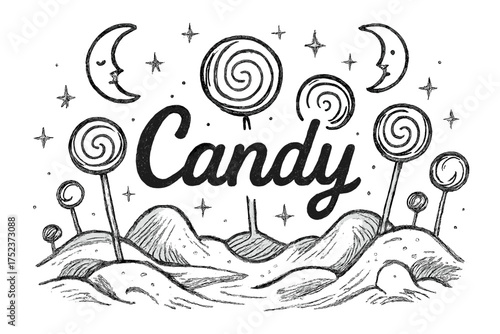 Magical Candy World. Hand-drawn candy land with moons, lollipops, and sparkles, center word “Candy” in black and white isolated