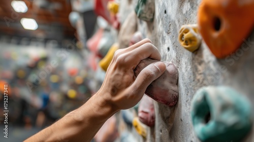 Close-up of a climber's chalky hand gripping a colorful hold on an indoor rock wall