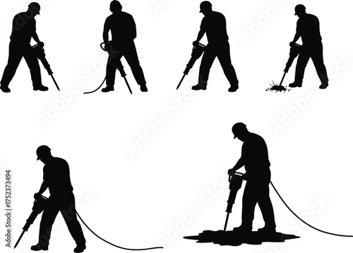 Construction worker silhouettes, jackhammer operation, black and white illustration, manual labor, safety gear, industrial tools, debris breaking, posture, vibration, equipment
