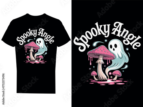 t-shirt design that showcases a translucent white ghost gently hovering beside a towering pink Amanita muscaria mushroom on a stark