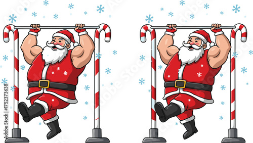 Santa Claus cartoon, candy cane pull up, muscular Santa, festive holiday workout, Christmas fitness, funny character, winter exercise, holiday celebration, snowflakes, strength