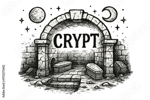 Forgotten Crypt Illustration. Hand-drawn forgotten crypt with moons, coffins, and sparkles, center word “Crypt” in black and white