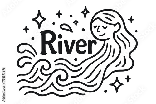 River Spirit Doodle. Doodle river spirit with stars, waves, and sparkles, center word “River” in black and white isolated