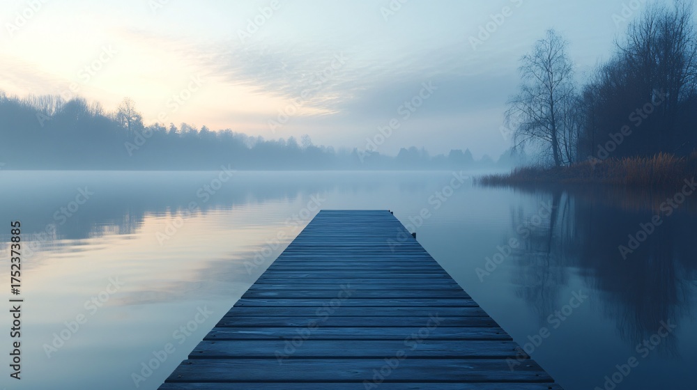 Naklejka premium A wooden dock extends into a calm lake surrounded by trees and mist.