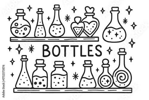 Doodle Potion Bottles. Doodle potion bottles collection with stars, shelves, and sparkles, center word “Bottles” in black and