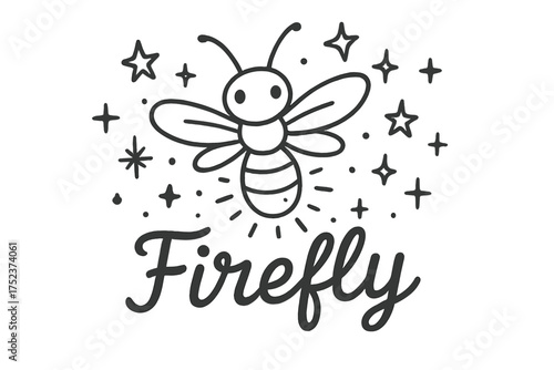 Doodle Firefly Sparkles. Doodle firefly with stars, lights, and sparkles, center word “Firefly” in black and white isolated