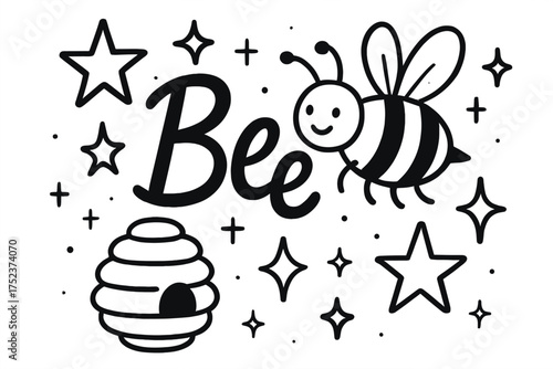Honeybee Doodle Art. Doodle honeybee with stars, hives, and sparkles, center word “Bee” in black and white isolated transparent