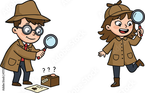 Cartoon detectives solving puzzle, male and female investigators with magnifying glass, code box, escape room theme, mystery illustration, playful detective artwork