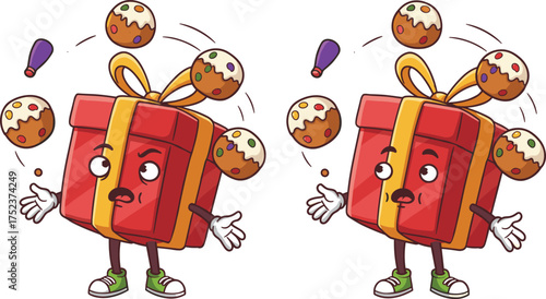 Cartoon gift box, juggling cookies, festive holiday character, playful present illustration, colorful ribbon, funny design, children puzzle, spot difference, celebration, party