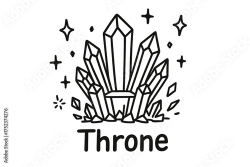 Celestial Crystal Throne. Doodle crystal throne with stars, shards, and sparkles, center word “Throne” in black and white isolated