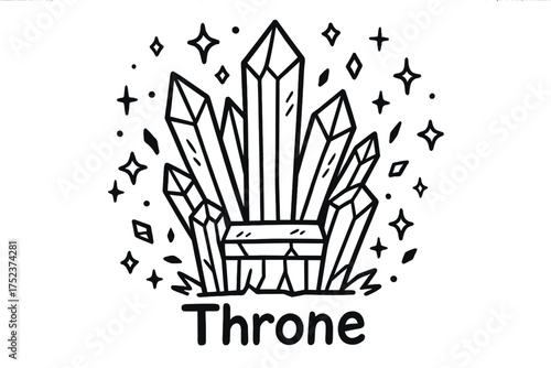 Celestial Crystal Throne. Doodle crystal throne with stars, shards, and sparkles, center word “Throne” in black and white isolated