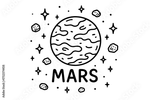 Doodle Mars Scene. Doodle mars with stars, rocks, and sparkles, center word “Mars” in black and white isolated transparent