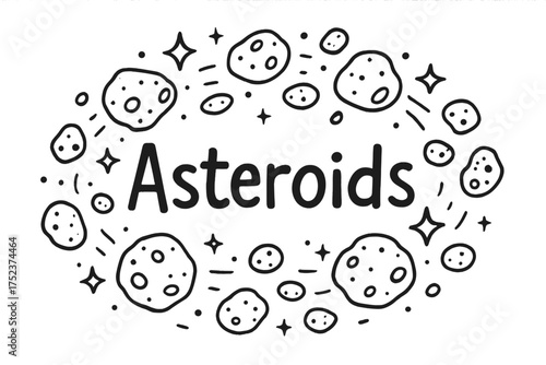 Asteroids & Starscape. Doodle asteroid belt with stars, rocks, and sparkles, center word “Asteroids” in black and white isolated