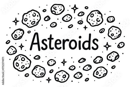 Asteroids & Starscape. Doodle asteroid belt with stars, rocks, and sparkles, center word “Asteroids” in black and white isolated