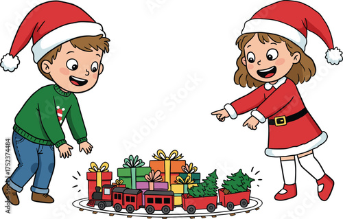 Christmas children illustration, toy train scene, Santa outfit kids, festive gift delivery, holiday presents, joyful family, winter celebration, cheerful decor, holiday spirit, playtime