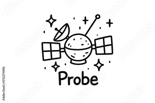 Space Probe Doodle. Doodle space probe with stars, antennas, and sparkles, center word “Probe” in black and white isolated