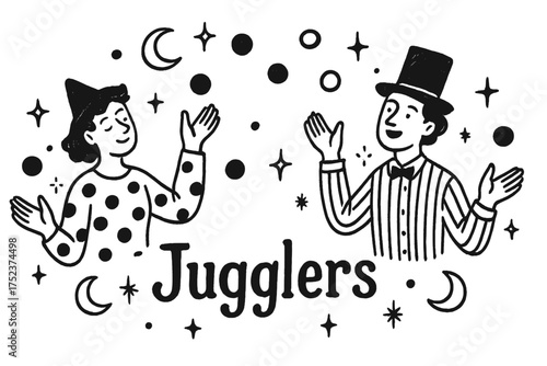 Juggling Moons and Stars. Hand-drawn jugglers with moons, balls, and sparkles, center word “Jugglers” in black and white isolated