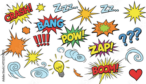 Comic book speech bubbles sound effects explosion bang boom pow zap crash vector illustration set, cartoon superhero action elements design.