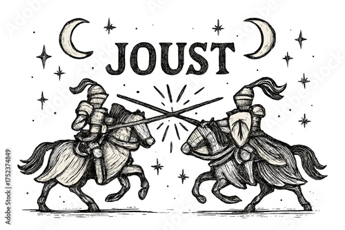 Medieval Joust Scene. Hand-drawn medieval joust with moons, lances, and sparkles, center word “Joust” in black and white isolated
